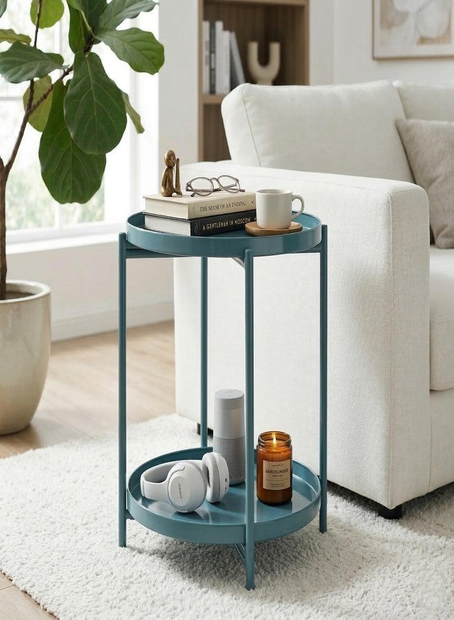 TeoKJ 2 Tier Round Side Table, Folding Metal End Tables Small Nightstand Accent Table with Two Removable Tray for Bedroom Living Room Bedside Small Spaces Blue Gray - Image 4