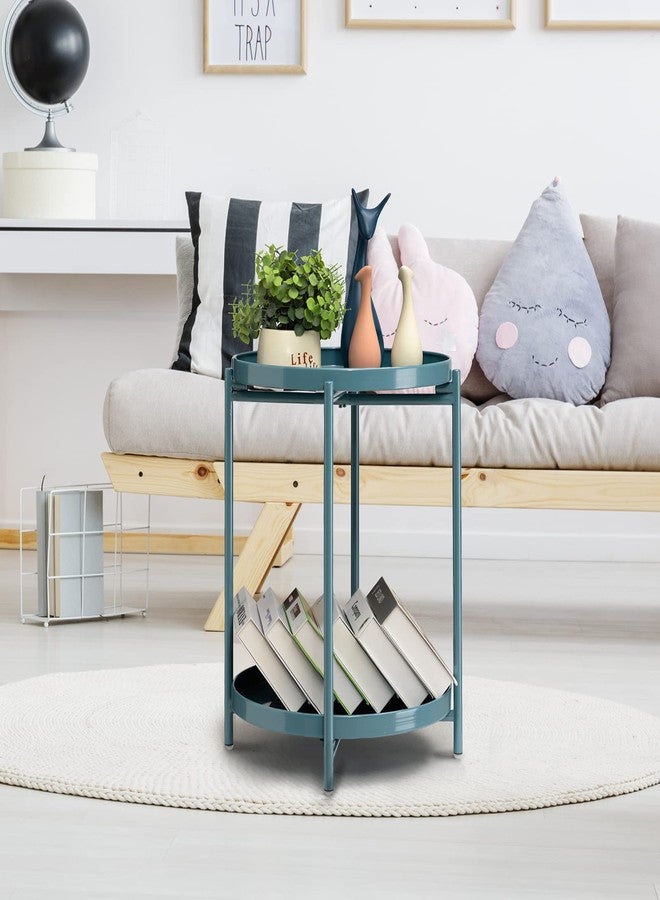 TeoKJ 2 Tier Round Side Table, Folding Metal End Tables Small Nightstand Accent Table with Two Removable Tray for Bedroom Living Room Bedside Small Spaces Blue Gray - Image 5