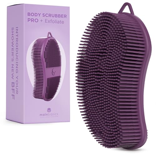 MainBasics Silicone Body Scrubber DualSided Shower Exfoliator for Men Women Gentle Silicone Loofah Alternative for Deep Clean Purple Exfoliate