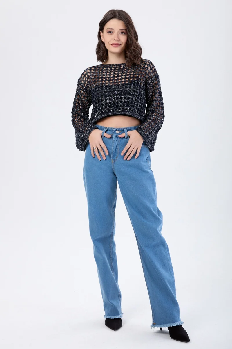 Tofisa 23665-BLUE High Waist Palozzo Tassel Jeans