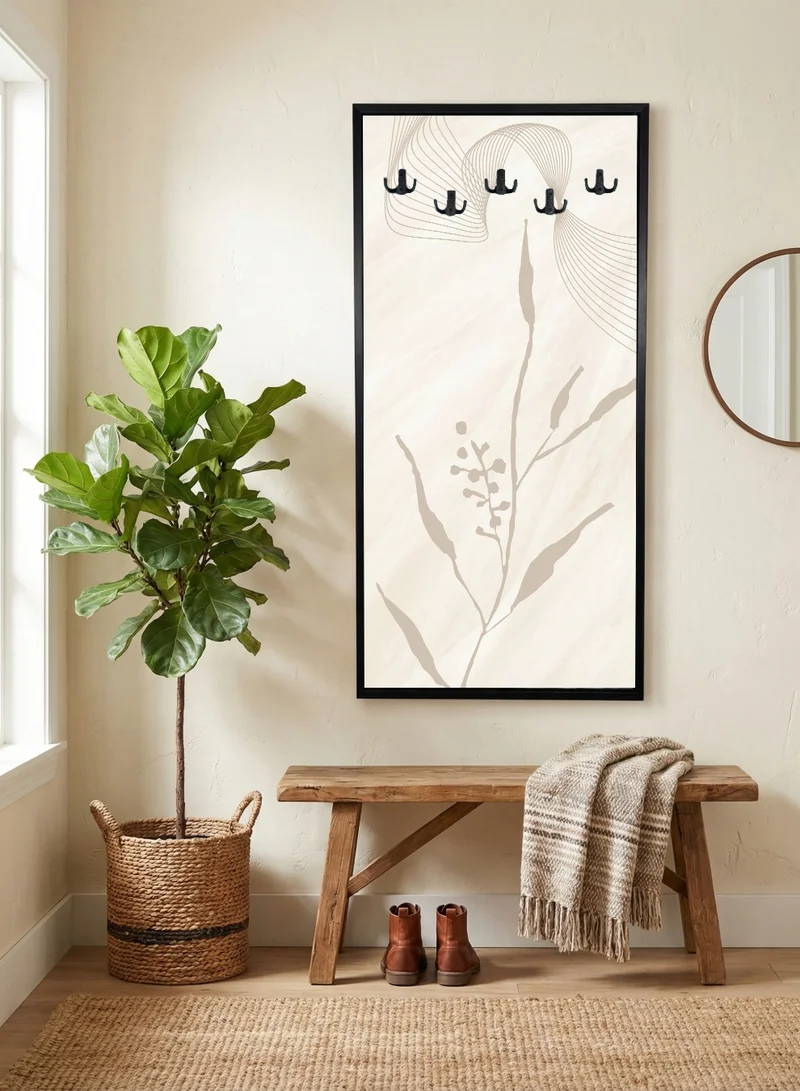 LOWHA Coat Rack Embedded in Plant Leaves Design Canvas Wall Art Stretched Over Wooden Frame with Black Floating Frame