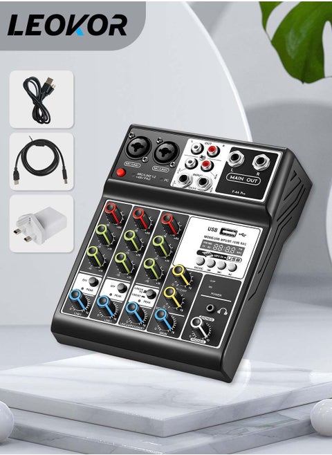 4-Professional Audio Mixer,DJ Mixer,Multifunctional Sound Card with 48V Phantom Power Suitable for Podcasting/Live Broadcasting/Singing/Mobile/Karaoke