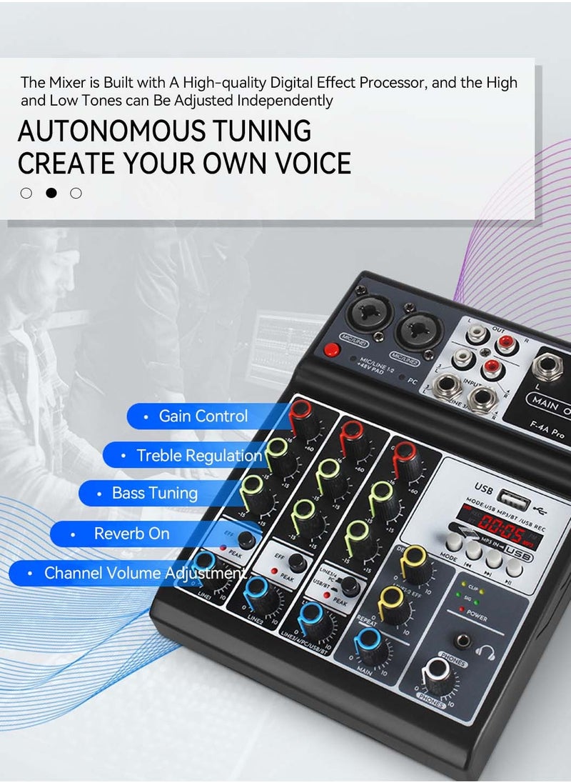 LEOKOR - 4-Professional Audio Mixer,DJ Mixer,Multifunctional Sound Card with 48V Phantom Power Suitable for Podcasting/Live Broadcasting/Singing/Mobile/Karaoke - Image 1