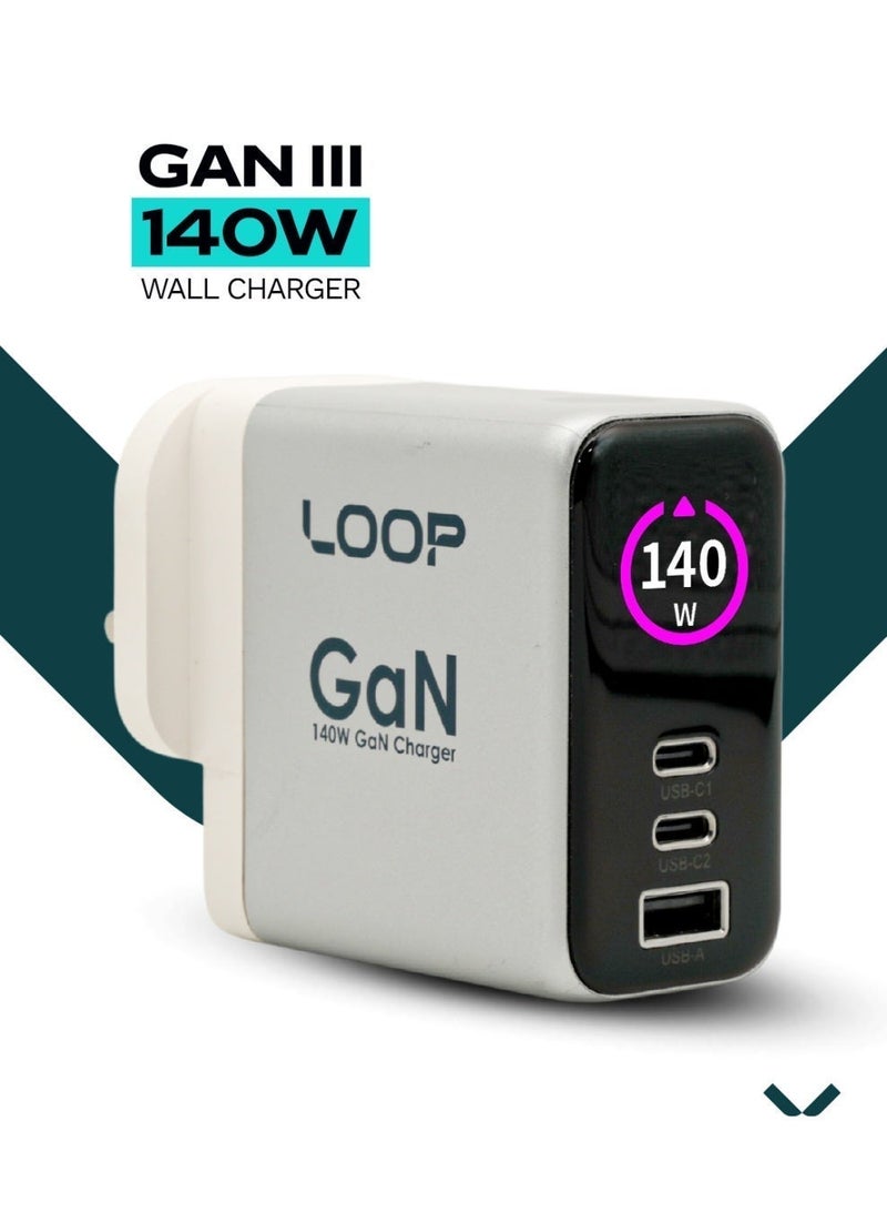 لووب شاحن حائطي LOOP 140W GaN3، شاحن سريع مزدوج بمدخلات USB-C وUSB-A مزود بتقنيتي Power Delivery وQuick Charge، متوافق مع أجهزة MacBook وiPhone وSamsung والأجهزة اللوحية - Image 1