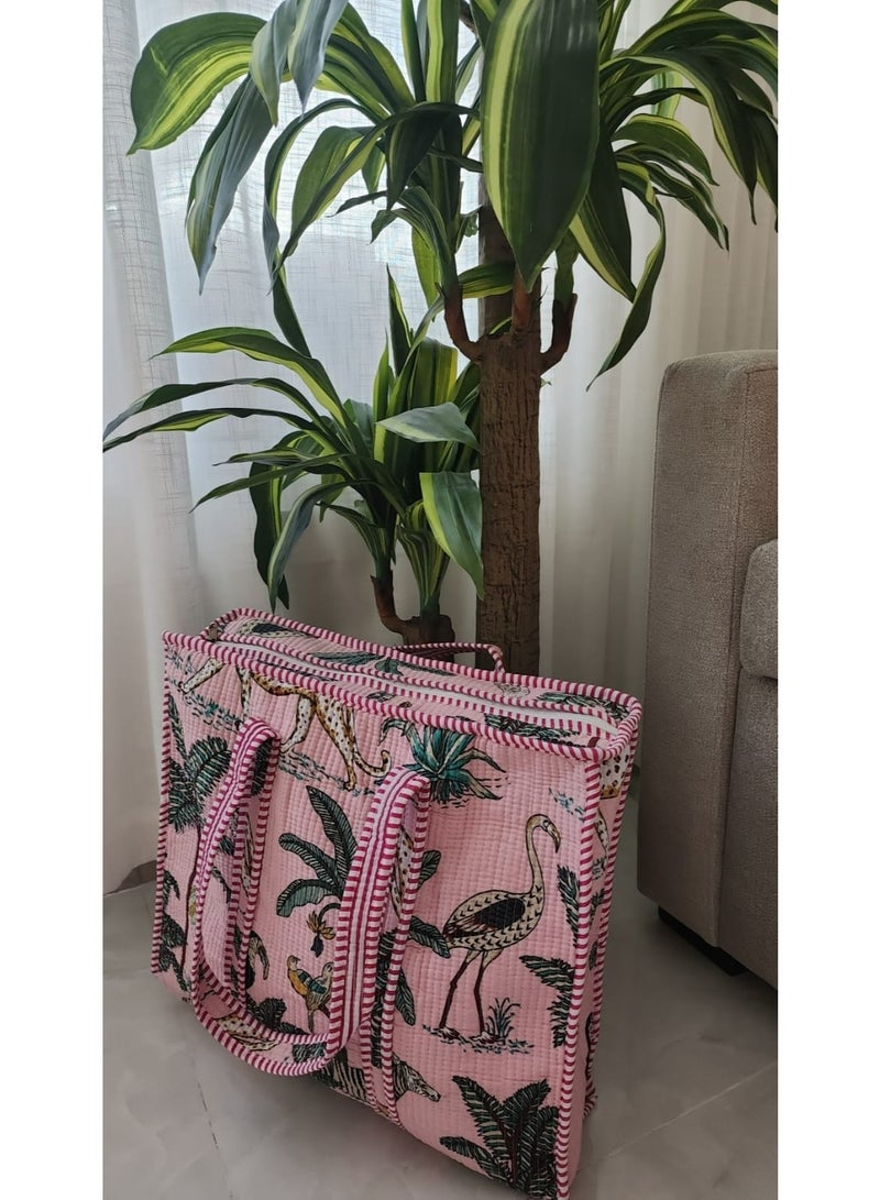 حقيبة مبطنة من القطن، حجم كبير يمكنك استخدامها كحقيبة تسوق أو حقيبة سوق أو حقيبة شاطئ وردية اللون