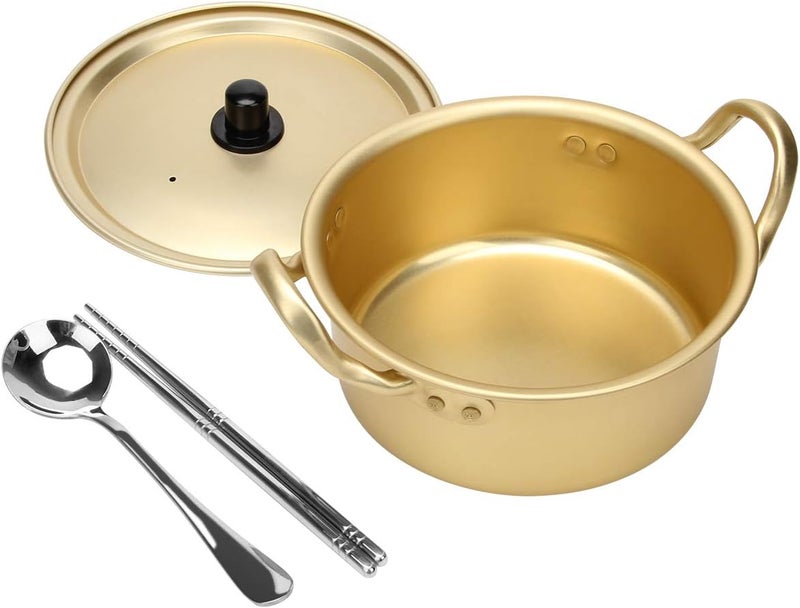 Ahier Korean Ramen Cooking Pot, Korean Ramen Noodle Pot With Lid, Spoon and Chopsticks (1pair), Fast Heating for Kitchen Cookware (Double handle) (6.3in) - Image 1