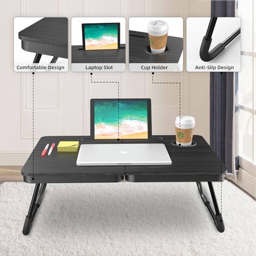 BUYIFY Portable Foldable Laptop Desk for Bed and Couch, Adjustable Lap Desk with Cup Holder and Phone Holder, Ideal for Working, Reading, Writing, and Breakfast (Black) - Image 3
