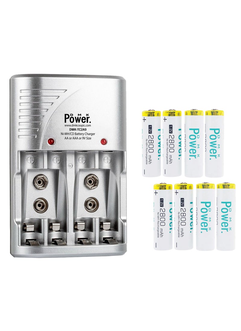 DMK Power 8pcs AA Rechargeable Battery with Smart Recharge Charger for AA AAA NiCd 9V NiMh Batteries for House hold devices, toys, remote, flash light, radio, clock