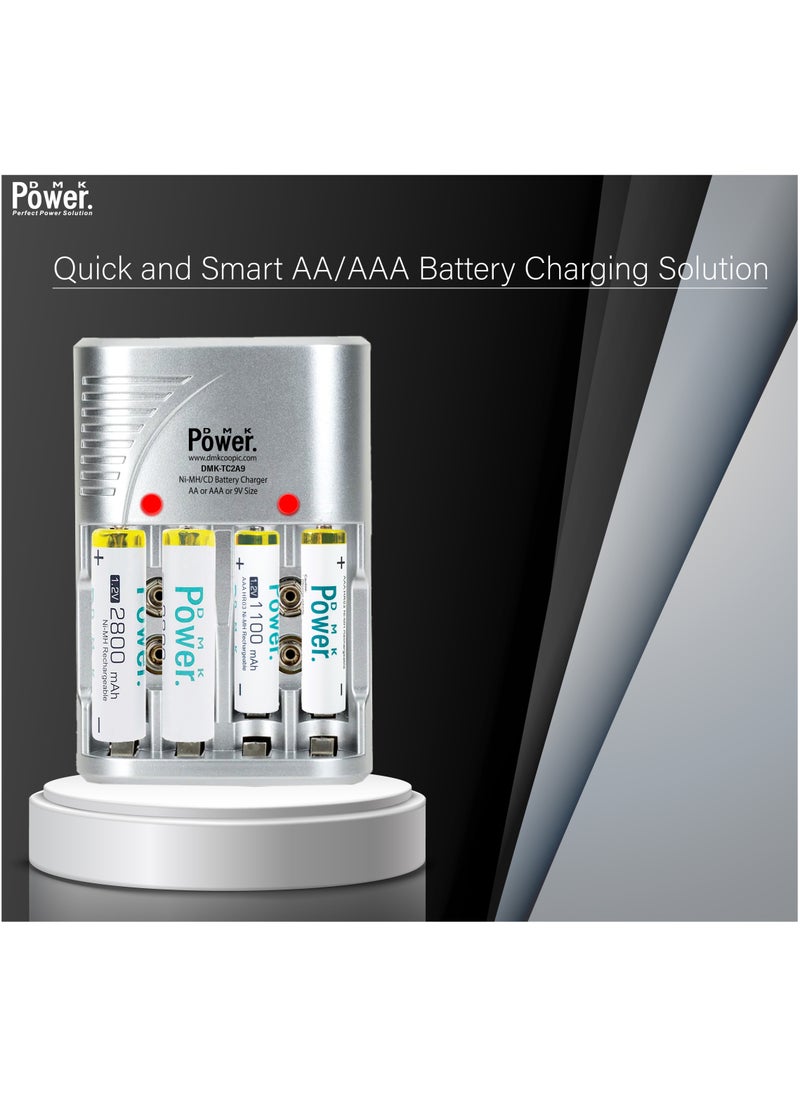 DMK Power 8pcs AA Rechargeable Battery with Smart Recharge Charger for AA AAA NiCd 9V NiMh Batteries for House hold devices, toys, remote, flash light, radio, clock