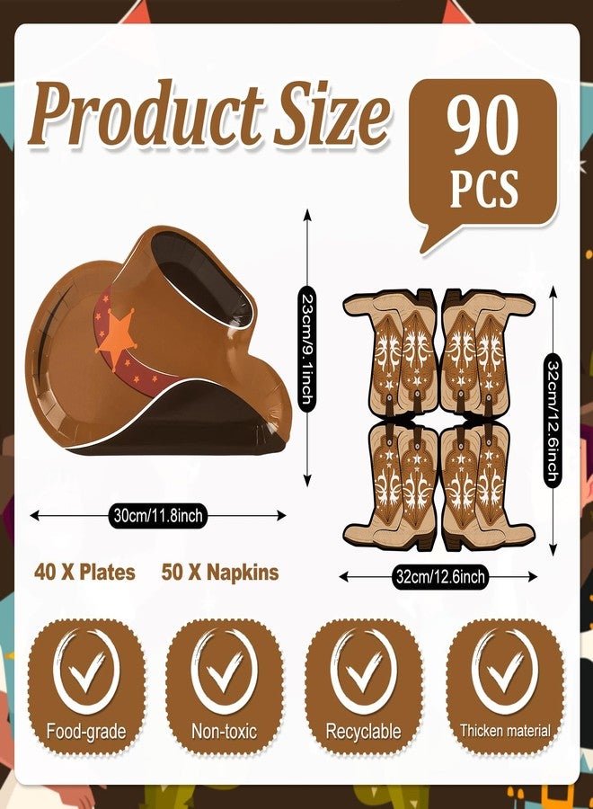 Whaline مجموعة صحون من وايلين 90 قطعة على طراز رعاة البقر مع مناديل قبعة رعاة البقر وأحذية رعاة البقر، أدوات مائدة ورقية من الغرب المتوحش لحفلات عيد الميلاد وحفلات استحمام الأطفال، تكفي لـ 40 شخصاً - Image 2