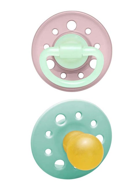 Cherry Glow The Dark Round Latex Soother, Narrower Round Teat Cherry Shape, Nursing Friendly, Size 1, From 0 Months, Latex, Rose And Green, Pack Of 2