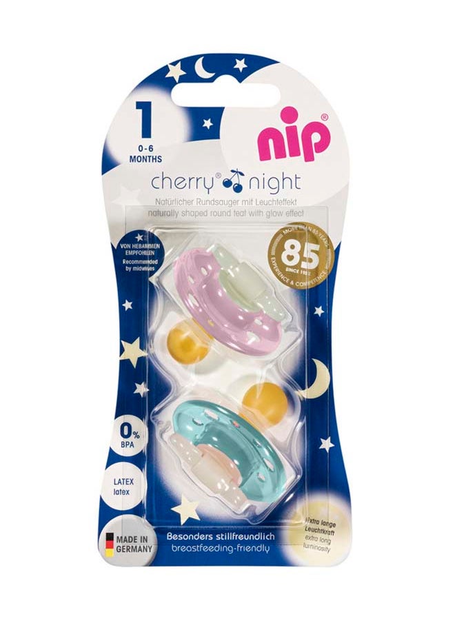 nip - Cherry Glow The Dark Round Latex Soother, Narrower Round Teat Cherry Shape, Nursing Friendly, Size 1, From 0 Months, Latex, Rose And Green, Pack Of 2 - Image 1