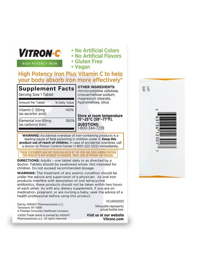 Vitron-C Iron Supplement, Once Daily, High Potency Iron Plus Vitamin C, Dye Free Tablets, 60 Count - Image 3