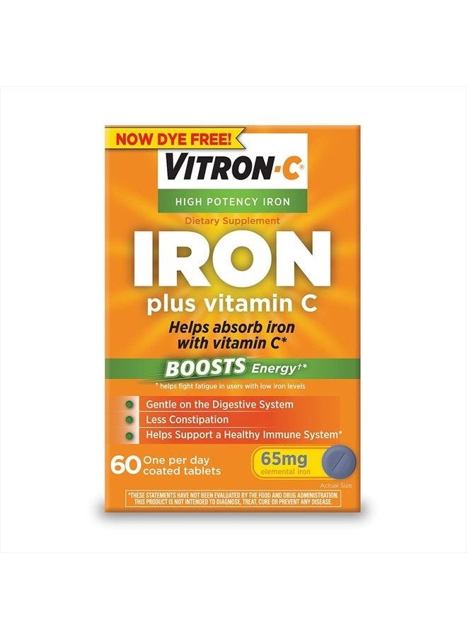 Vitron-C - Iron Supplement, Once Daily, High Potency Iron Plus Vitamin C, Dye Free Tablets, 60 Count - Image 1