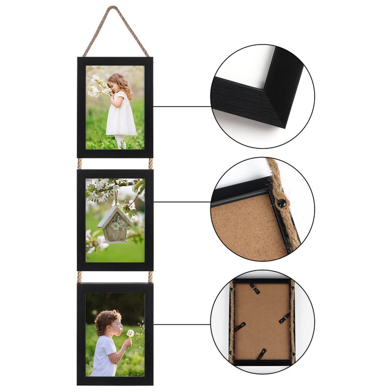 Lavezee 5x7 Collage Triple Picture Frames Set Black 6 فتحة إطار رأسي معلق مصنوع لعرض 5 × 7 بوصة طباعة صور لديكور الجدار - Image 3