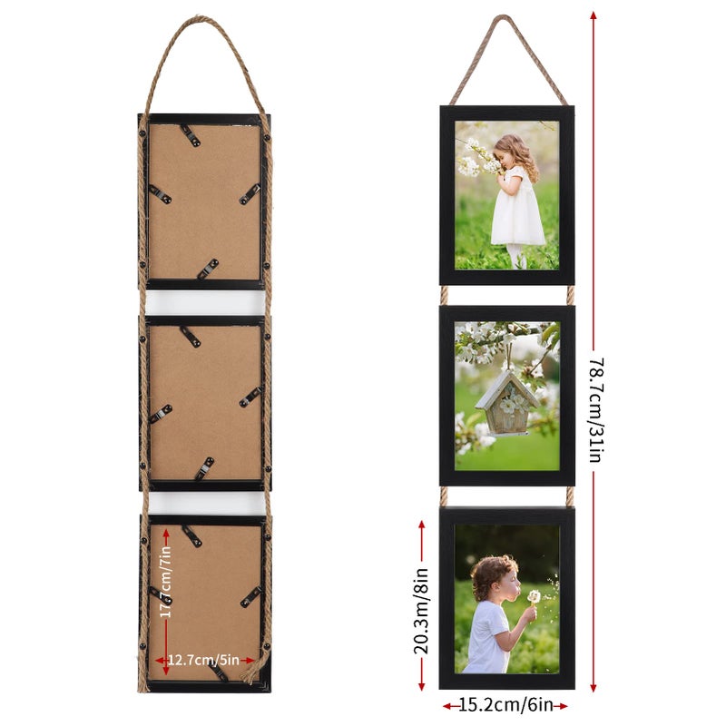 Lavezee 5x7 Collage Triple Picture Frames Set Black 6 فتحة إطار رأسي معلق مصنوع لعرض 5 × 7 بوصة طباعة صور لديكور الجدار - Image 5