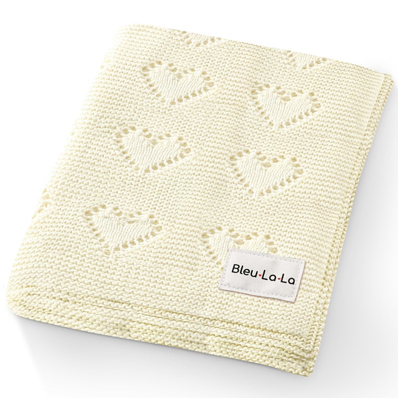Bleu La La 100 Cotton Unisex Heart Knit Swaddle Luxury Baby Blanket for Girls and Boys  Soft Warm Cozy Swaddling Receiving Stroller Crib Blanket for Newborns Infants Toddlers Ivory 02 Years