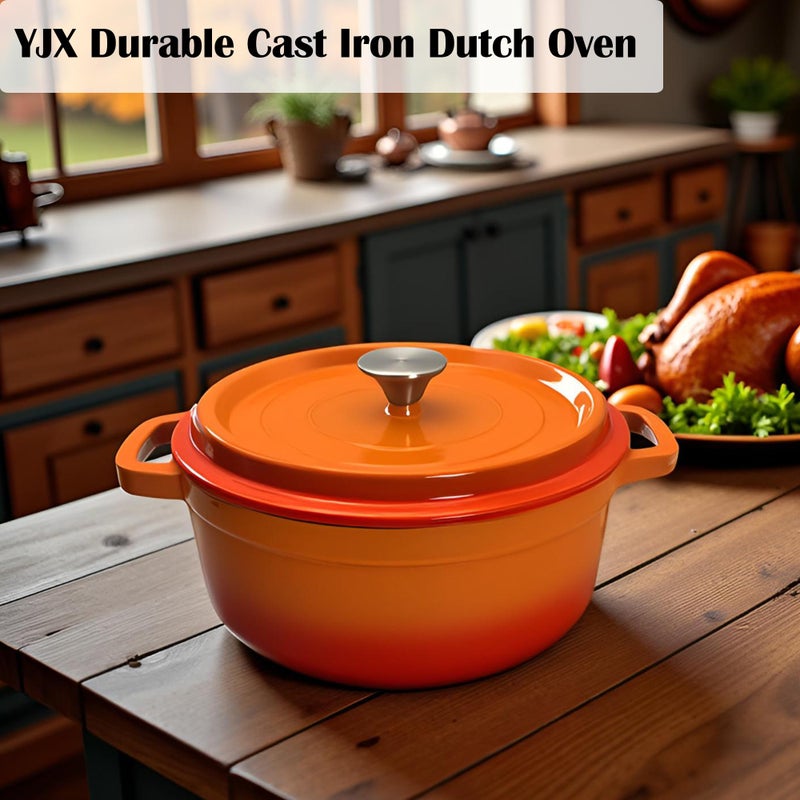 YJX Enameled Cast Iron Dutch Oven with Lid, Orange, Round, 4Quart, Heat-Resistant Handles, for Cooking, Baking (Orange, 24CM) - Image 4