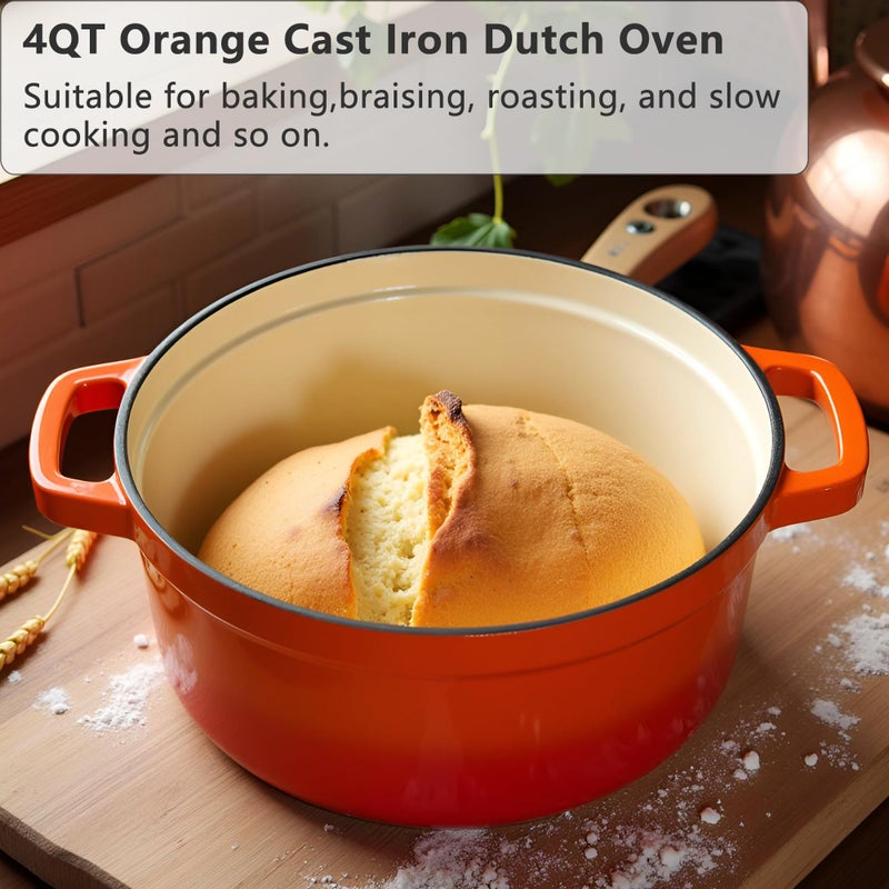 YJX Enameled Cast Iron Dutch Oven with Lid, Orange, Round, 4Quart, Heat-Resistant Handles, for Cooking, Baking (Orange, 24CM) - Image 5