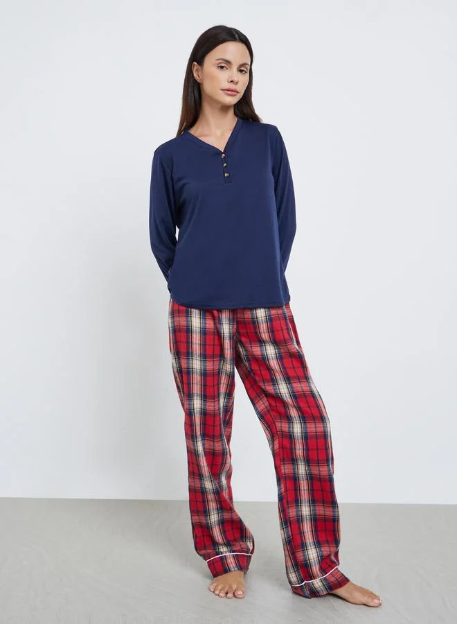 Styli Styli  V Neck Placket T-Shirt and Check Pyjama Set