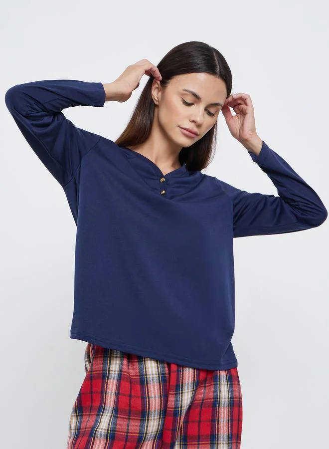 Styli Styli  V Neck Placket T-Shirt and Check Pyjama Set