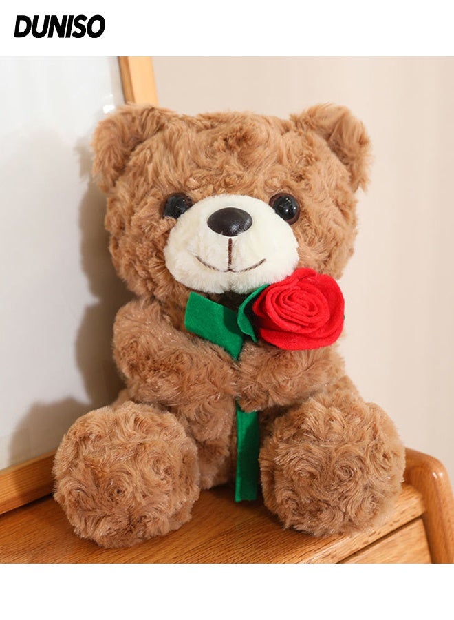 DUNISO Teddy Plush Toy,Cuddly Small Soft Plush Brown Bear with Rose  for Girls,Perfect Gift for Valentine's Day and Birthdays（25 cm) - Image 1