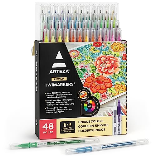 ARTEZA Dual Tip Brush Markers – Set of 48 Pens with Fine and Brush Tips, Water-Based Ink for Coloring, Sketching, Lettering & Journaling - Image 1