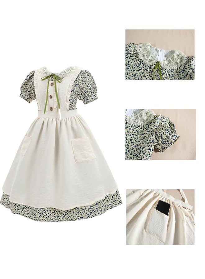 NSPSTT Girls Pioneer Dress Green Floral Colonial Dresses Kids Prairie Costume with Apron,8-9 - Image 4