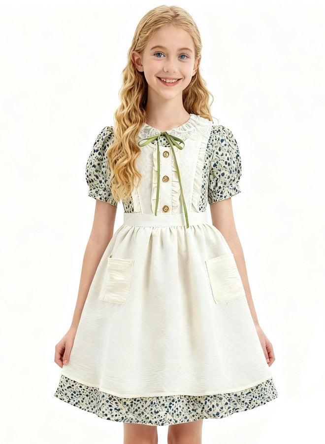 NSPSTT Girls Pioneer Dress Green Floral Colonial Dresses Kids Prairie Costume with Apron,8-9 - Image 2