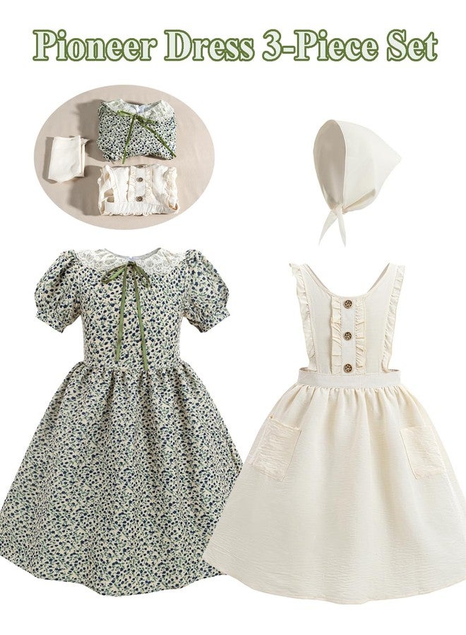 NSPSTT Girls Pioneer Dress Green Floral Colonial Dresses Kids Prairie Costume with Apron,8-9 - Image 3