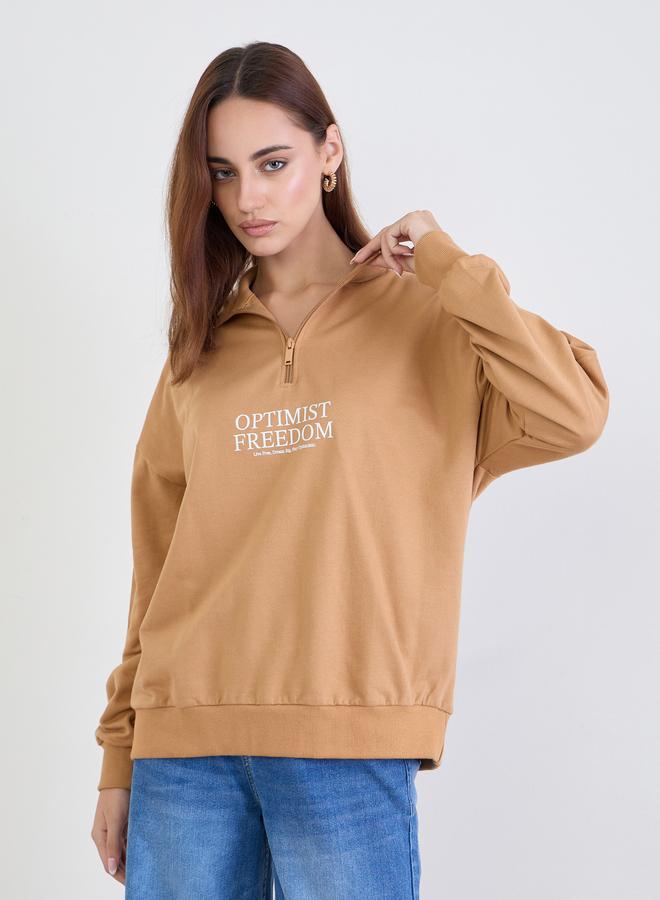 Styli Tan Slogan Print Regular Fit Sweatshirt - Image 3