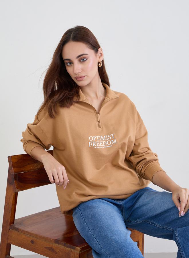 Styli Tan Slogan Print Regular Fit Sweatshirt - Image 1
