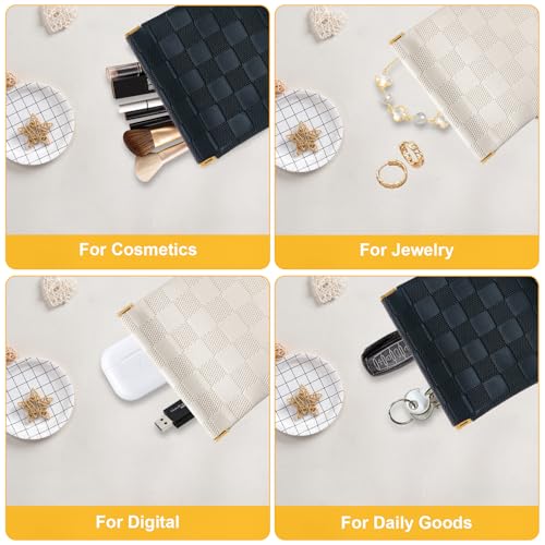 PENGJINYU 2 PCS Small Makeup Bag for Women, Small Pouches for Purse,Mini Checkered Cosmetic Bag Waterproof Pouch for Travel Storage bag, for Cosmetics Headphones Jewelry Cosmetic Lipstick Coins (Black, Beige) - Image 4