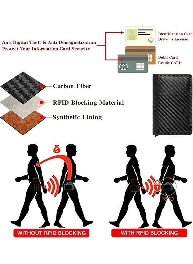محفظة رجالية بتصميم بسيط مزودة بحامل بطاقات منبثق بتقنية حجب الترددات اللاسلكية (RFID)، وحامل بطاقات ائتمان من الألومنيوم رفيع للجيب الأمامي مع غطاء من ألياف الكربون - Image 3
