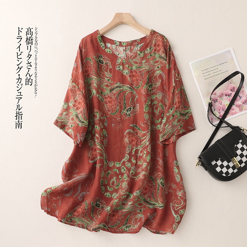 2024 Vintage Printed Mid-Sleeve V-Neck Ramie Loose Stylish Artistic Casual Personalized All-Match T-Shirt - Image 3