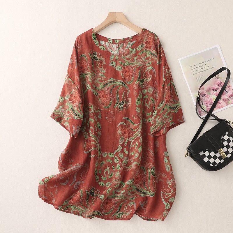 2024 Vintage Printed Mid-Sleeve V-Neck Ramie Loose Stylish Artistic Casual Personalized All-Match T-Shirt - Image 1