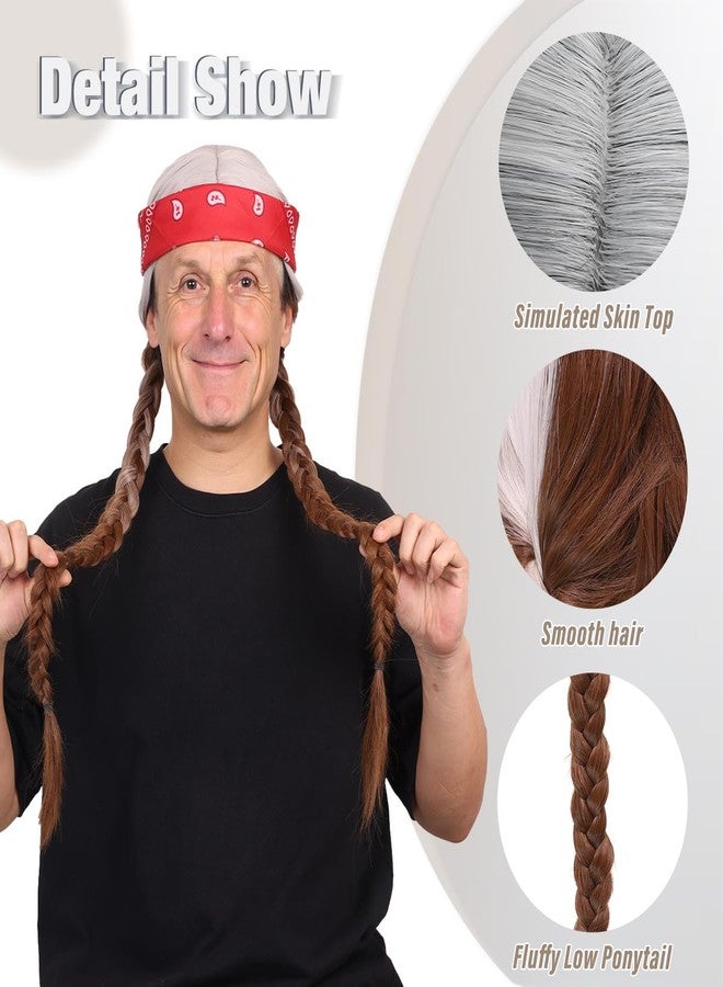 FantaLook Long Silvery Grey and Brown 2 Pigtail Wig with Bandana Beard for Men Halloween Costume - Image 3