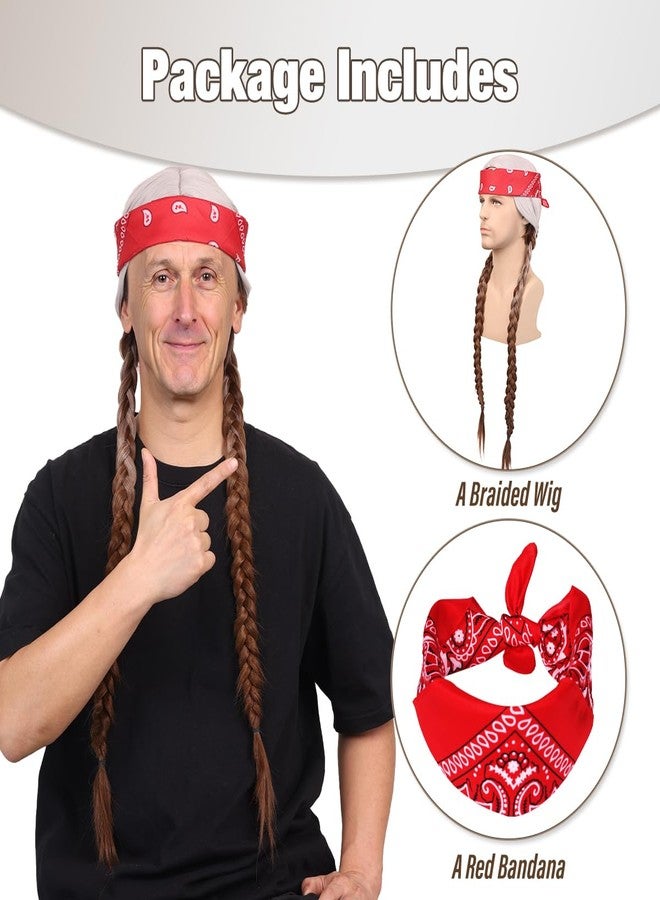 FantaLook Long Silvery Grey and Brown 2 Pigtail Wig with Bandana Beard for Men Halloween Costume - Image 2