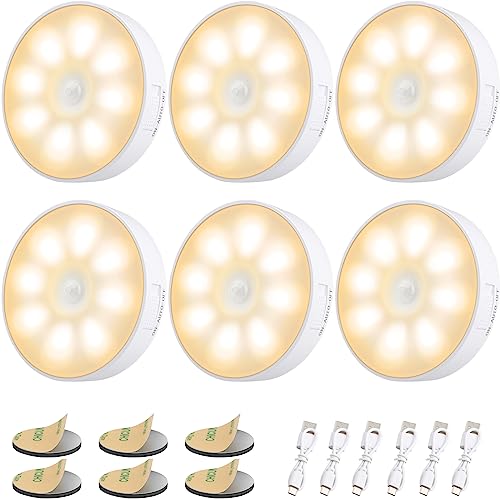 Electight 8 LEDs Motion Sensor Light Indoor, Night Light USB Rechargeable, 3 Light Modes & 400 mAh Battery, Cordless Magnetic Sticker Nightlight for Stair, Closet, Hallway - 3000K Warm White 6 Pack - Image 1