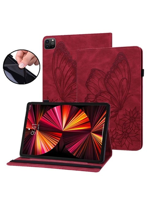 Case Cover For iPad Pro 12.9 2022 / 2021 / 2020 Big Butterfly Embossed Leather Tablet Case Red