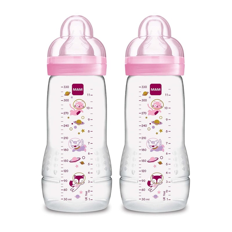 MAM زجاجات الأطفال النشطة السهلة 11 أونصة، حلمة سيليكون ناعمة بتدفق سريع مع تصميم مريح بعنق واسع، سهلة الحمل، خالية من BPA، زجاجات مع أغطية مانعة للتسرب للأطفال من عمر 4 أشهر فما فوق - Image 1