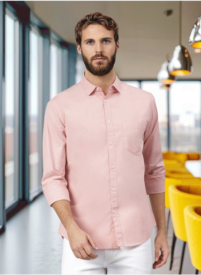 Dennis Lingo Men's Slim Fit Peach Casual Cotton Spread Shirt  - Image 1