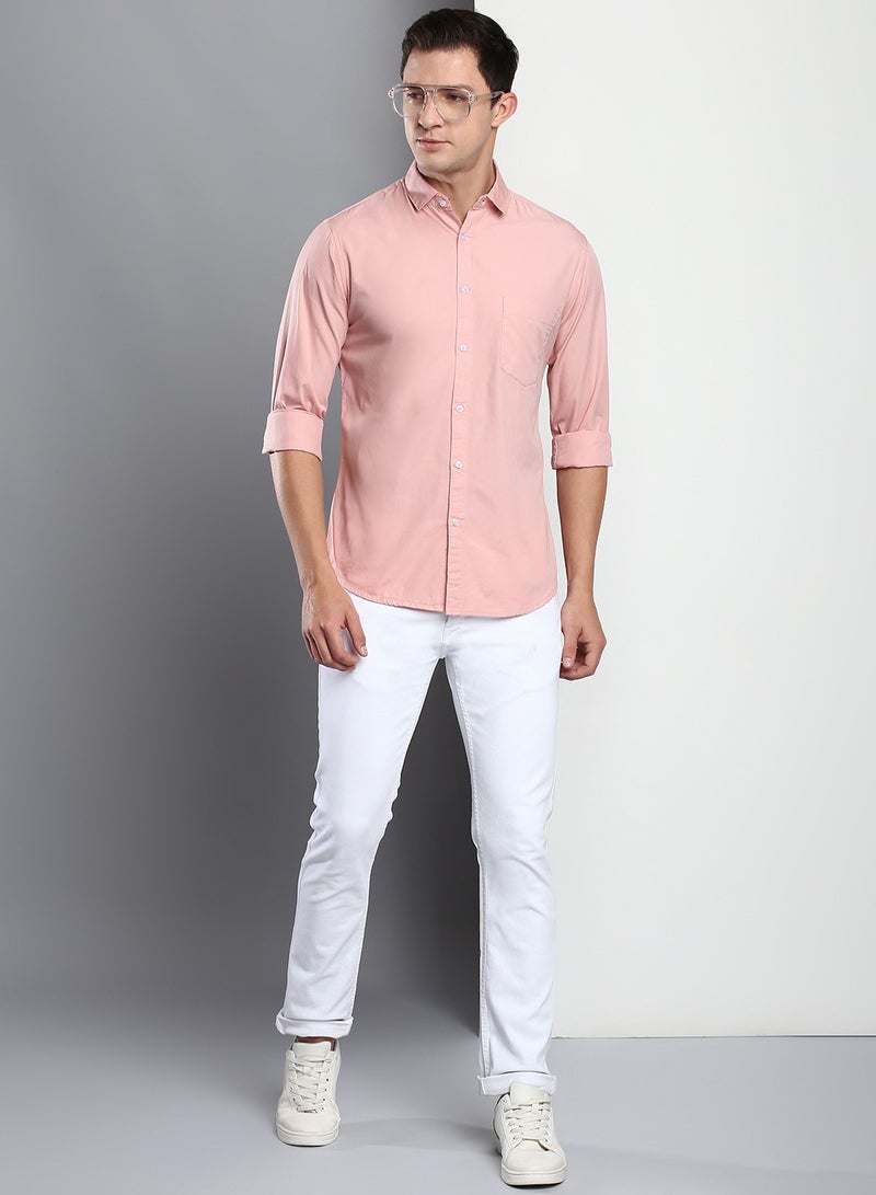 Men's Slim Fit Peach Casual Cotton Spread Shirt