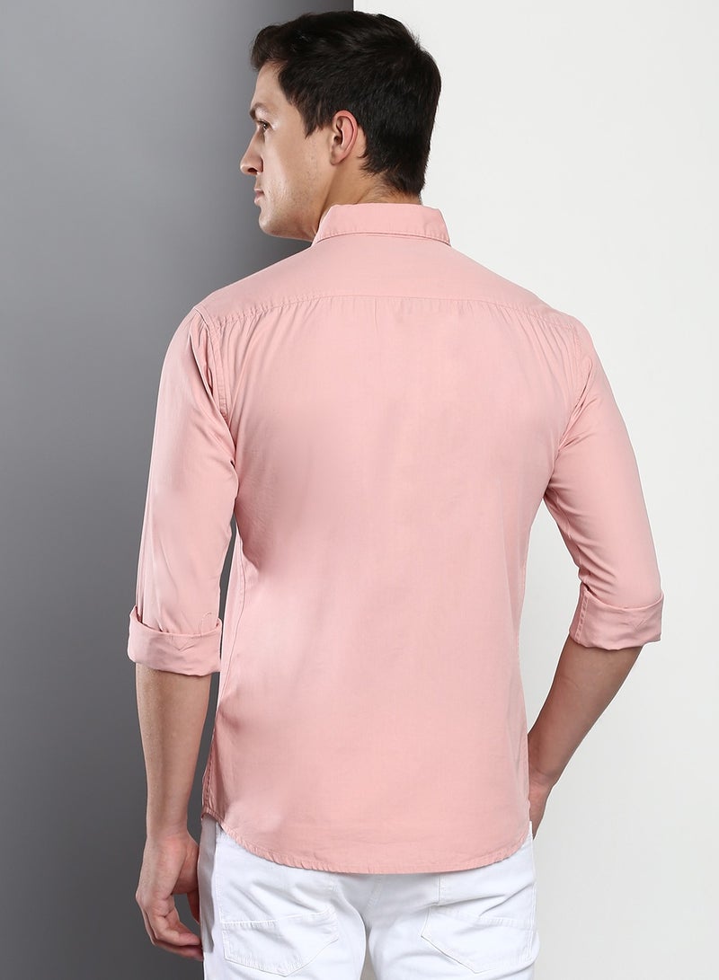 Men's Slim Fit Peach Casual Cotton Spread Shirt
