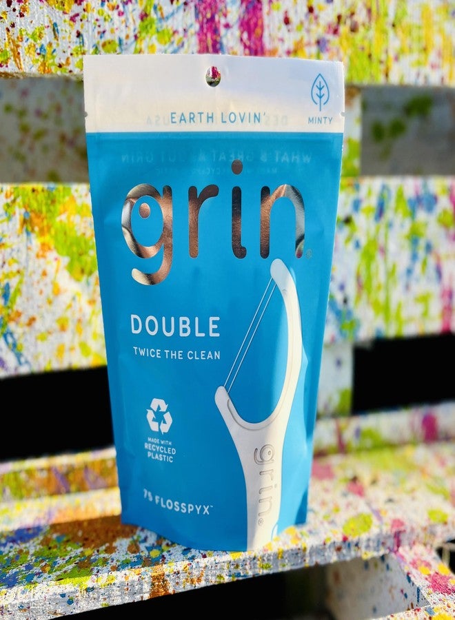 GRIN خيوط تنظيف الأسنان GRIN Double Flosspyx، 75 قطعة، بنكهة النعناع، مصنوعة من بلاستيك معاد تدويره، خطان من الخيط المتين، رأس خيط أطول، يحجز بقايا الطعام والجير، يتضمن عود أسنان آمنًا وناعمًا قابلًا للطي. - Image 4