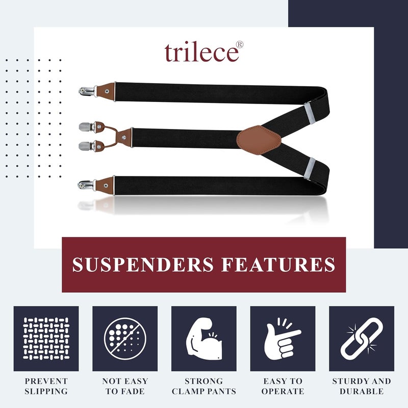 Trilece حمالات ثلاثية للرجال، قابلة للتعديل، تصميم Y للخلف، حمالات بدلة زفاف، مشابك قوية - Image 4