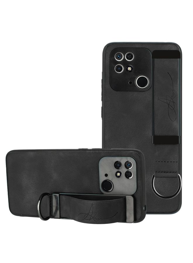 HuHa Case Cover For Xiaomi Redmi 10C Wristband Holder Leather Back Phone Case Black