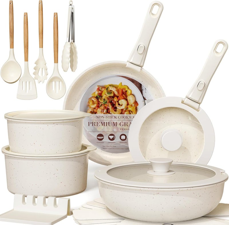 Astercook Ceramic Non-stick Cookware 21 Pcs Pots and Pans Set, Detachable Handle, RV Kitchen Non Stick Cooking Set Removable Handles, Oven Safe, Induction Ready, Stackable, Cream White - Image 1