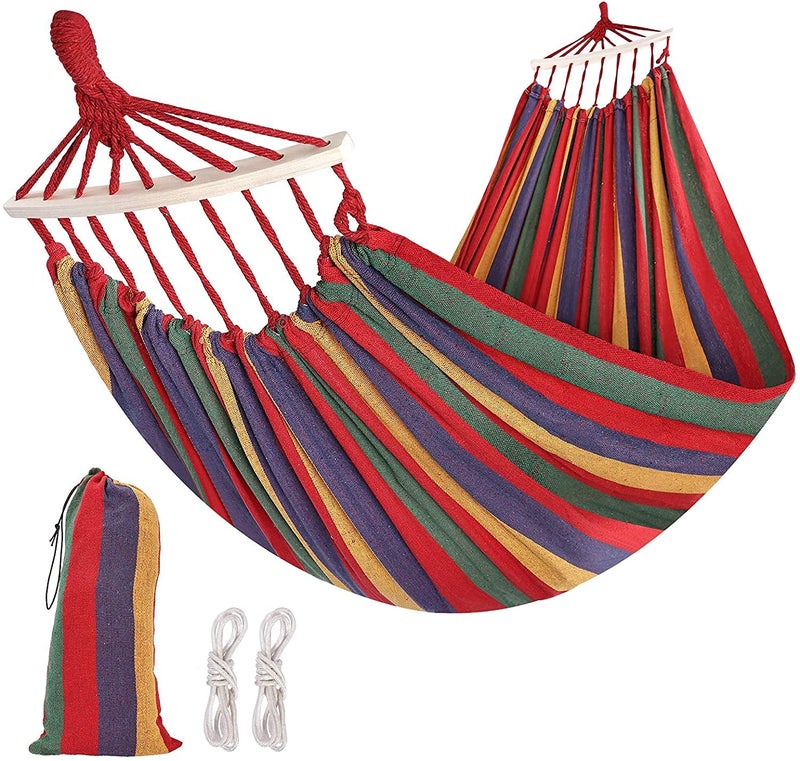 FYCAN Brazilian Hammock with Hanging Kits Tree Hammock for Indoor Outdoor Patio Porch Garden Camping Cotton Canvas Carrying Bag Ropes and Carabiners Included Rainbow Stripe - Image 1