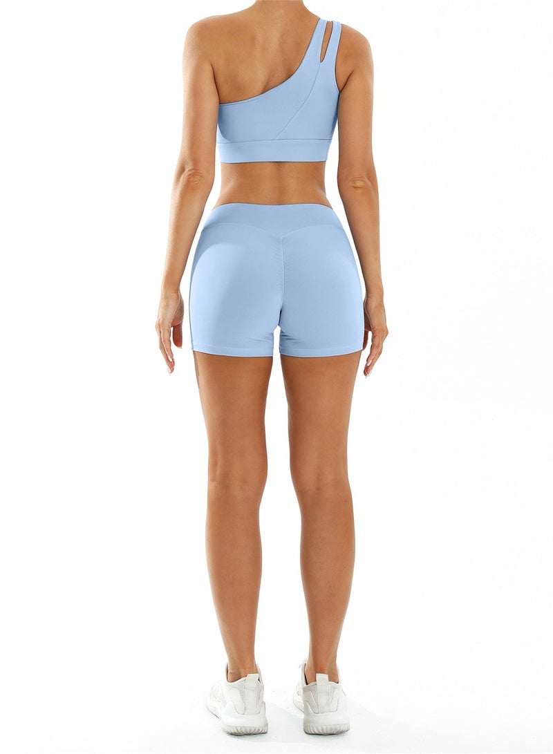 general Workout Sets for Women Crossover High Waist Biker Shorts One Shoulder Sports Bra 2 Piece Gym Yoga Outfits - Image 4